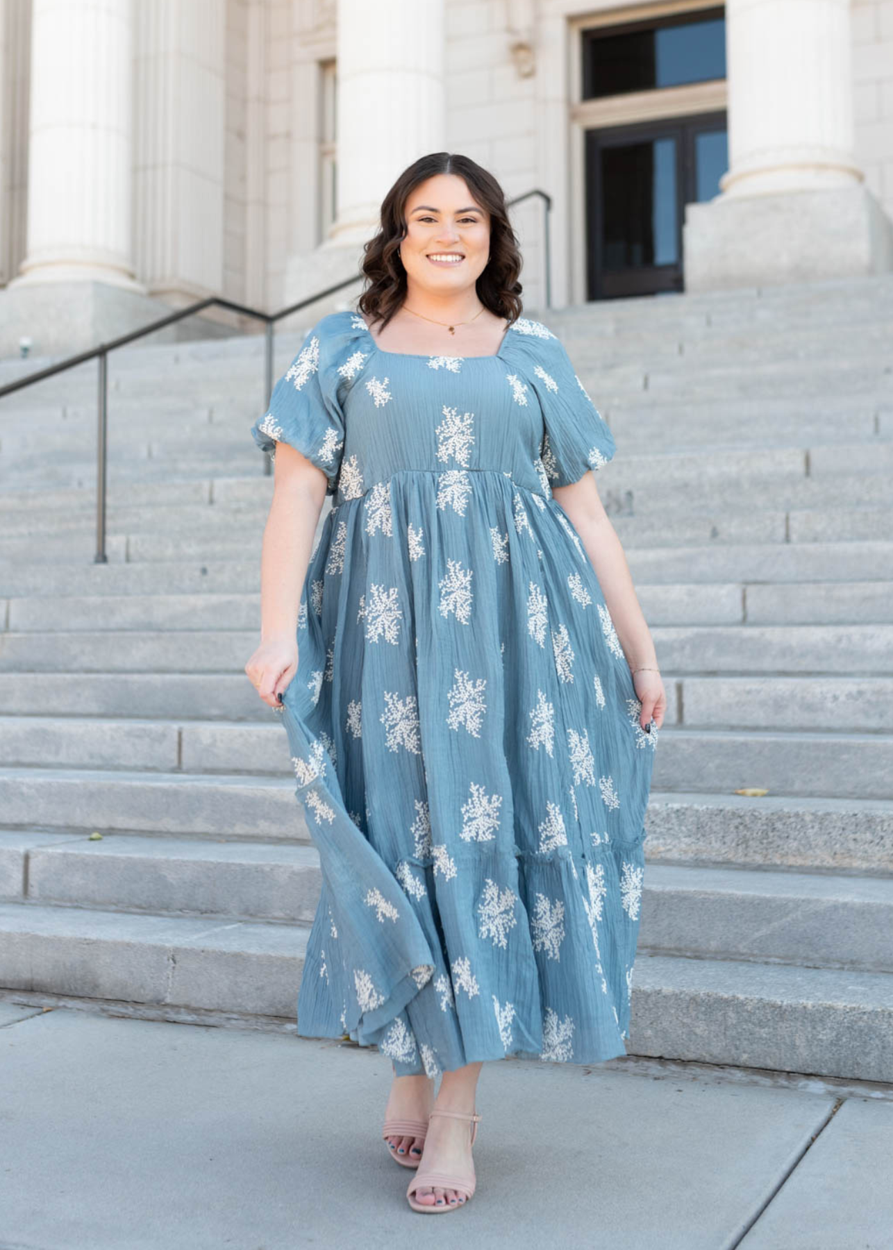 Plus size dusty blue embroidered dress with short sleeves