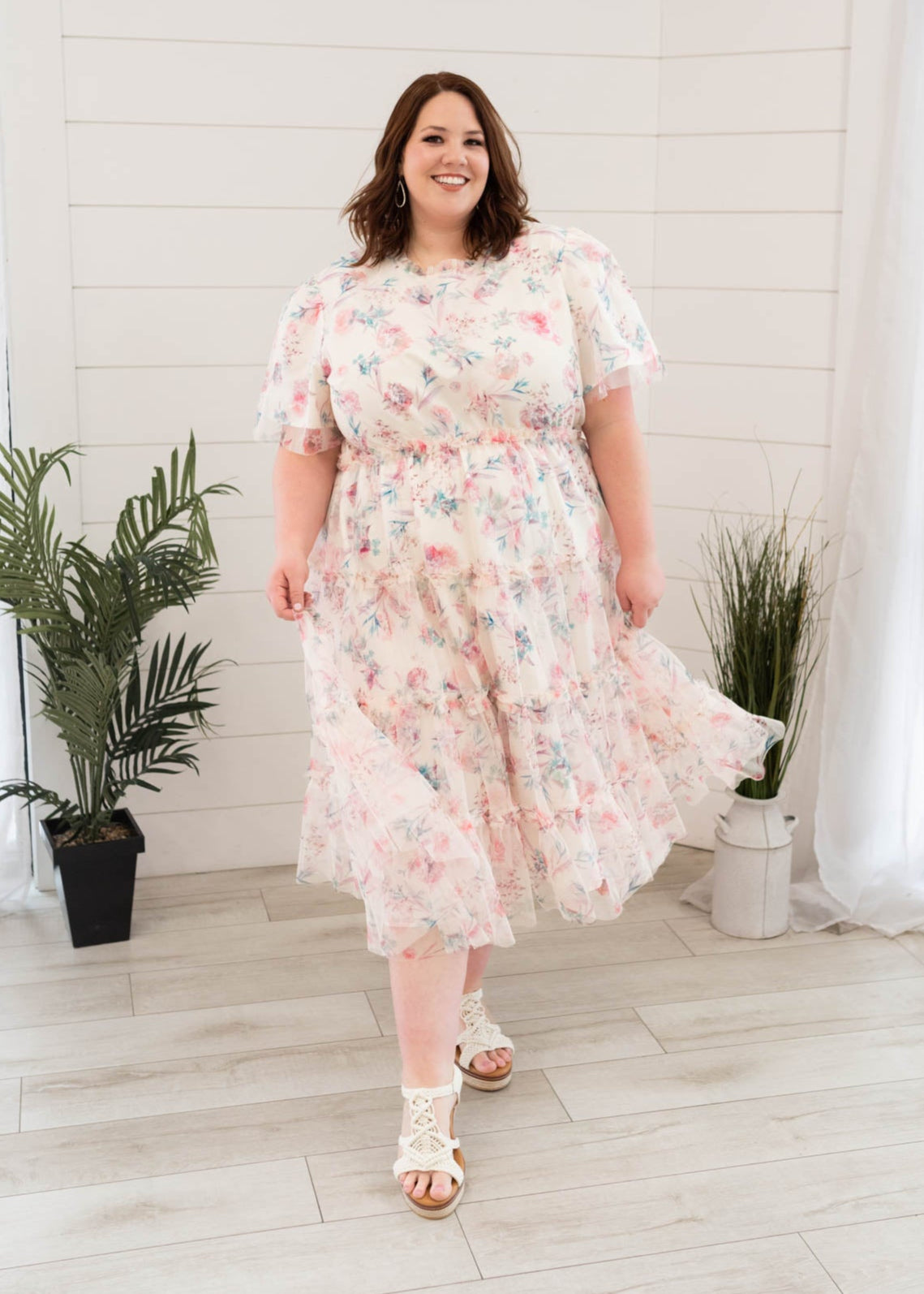 Plus size pink floral mesh dress with ruffle at waist