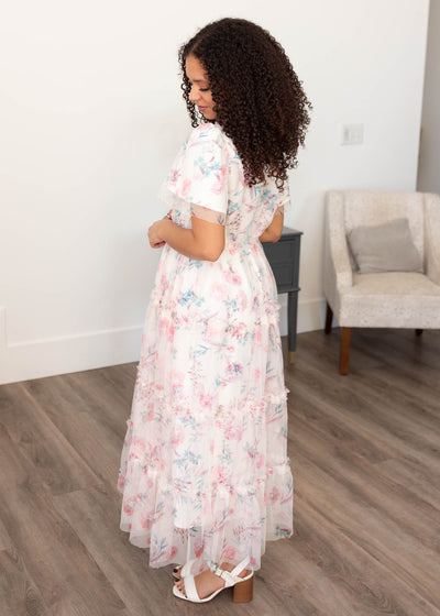 Side view of the pink floral mesh dress