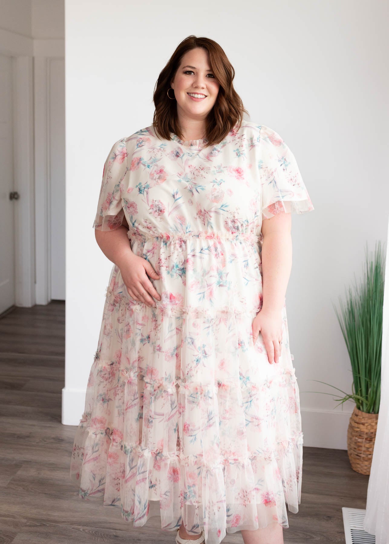 Plus size pink floral mesh dress