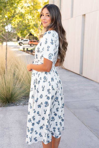 Side view of the blue floral dress