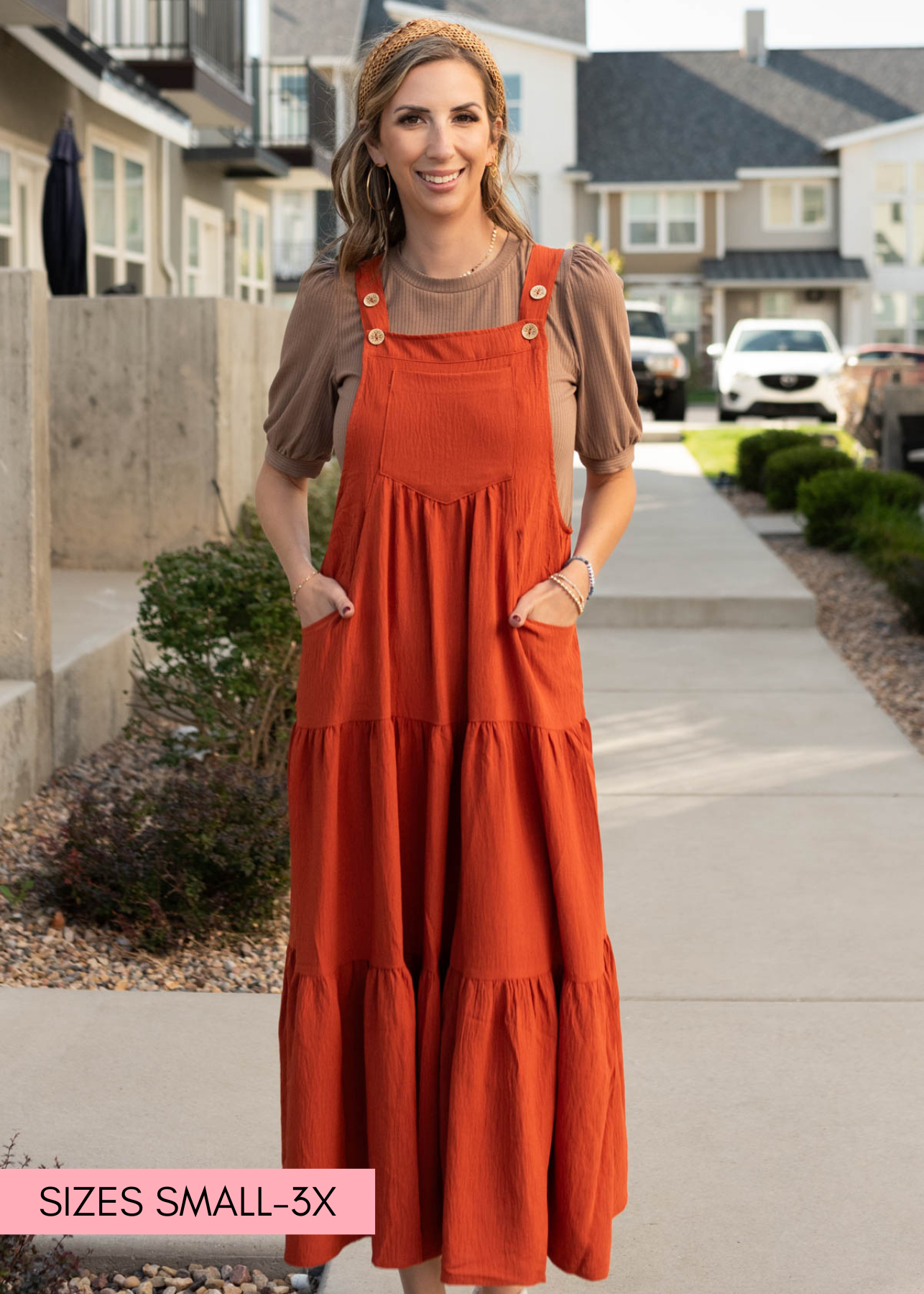 Rust over all dress with pockets and tiered skirt