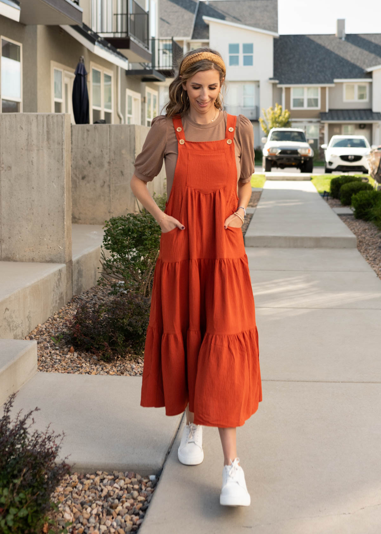 Tiered skirt on the rust overall dress