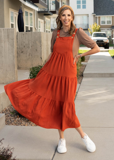 Rust overall dress with adjustable button straps