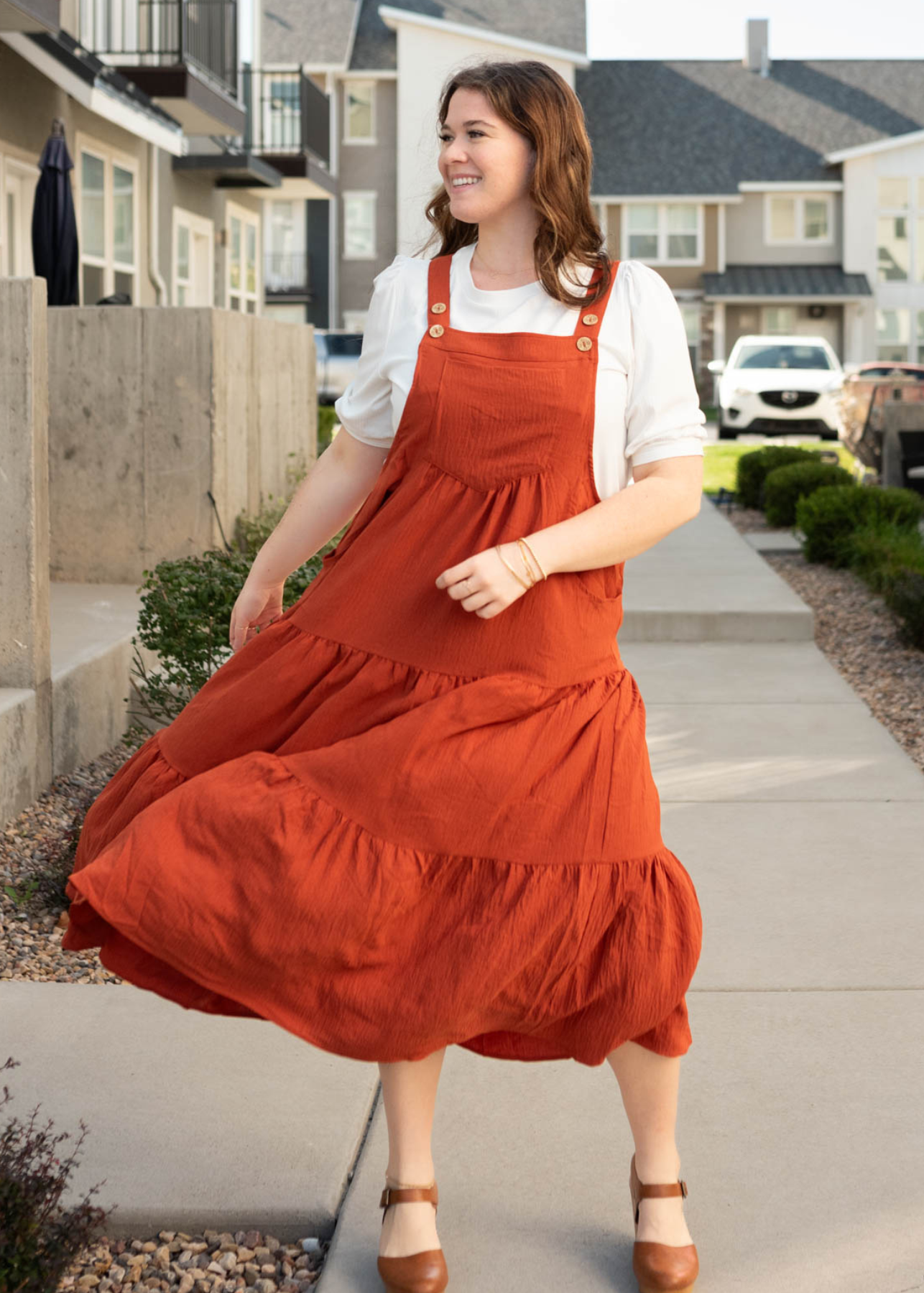 Plus size rust overall dress with pockets