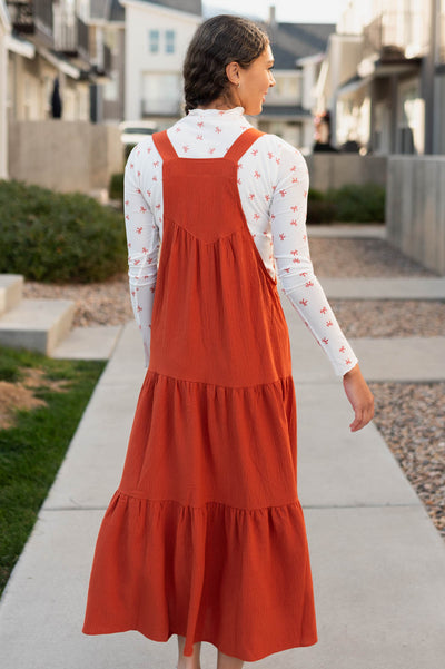 Back view of the rust overall dress