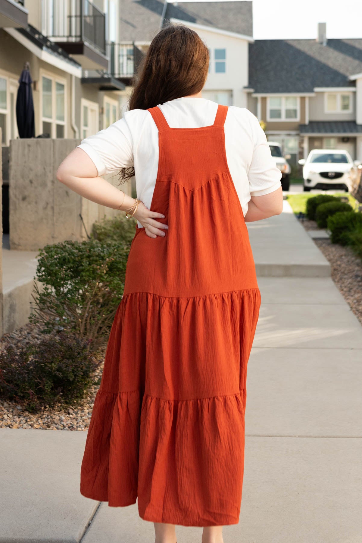 Back view of the plus size rust overall dress