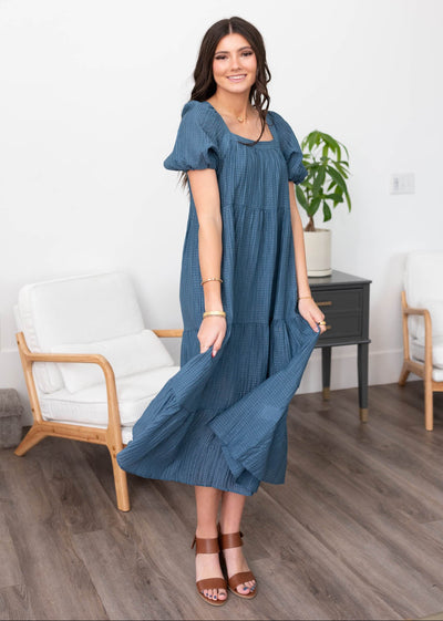 Square neck denim blue textured dress