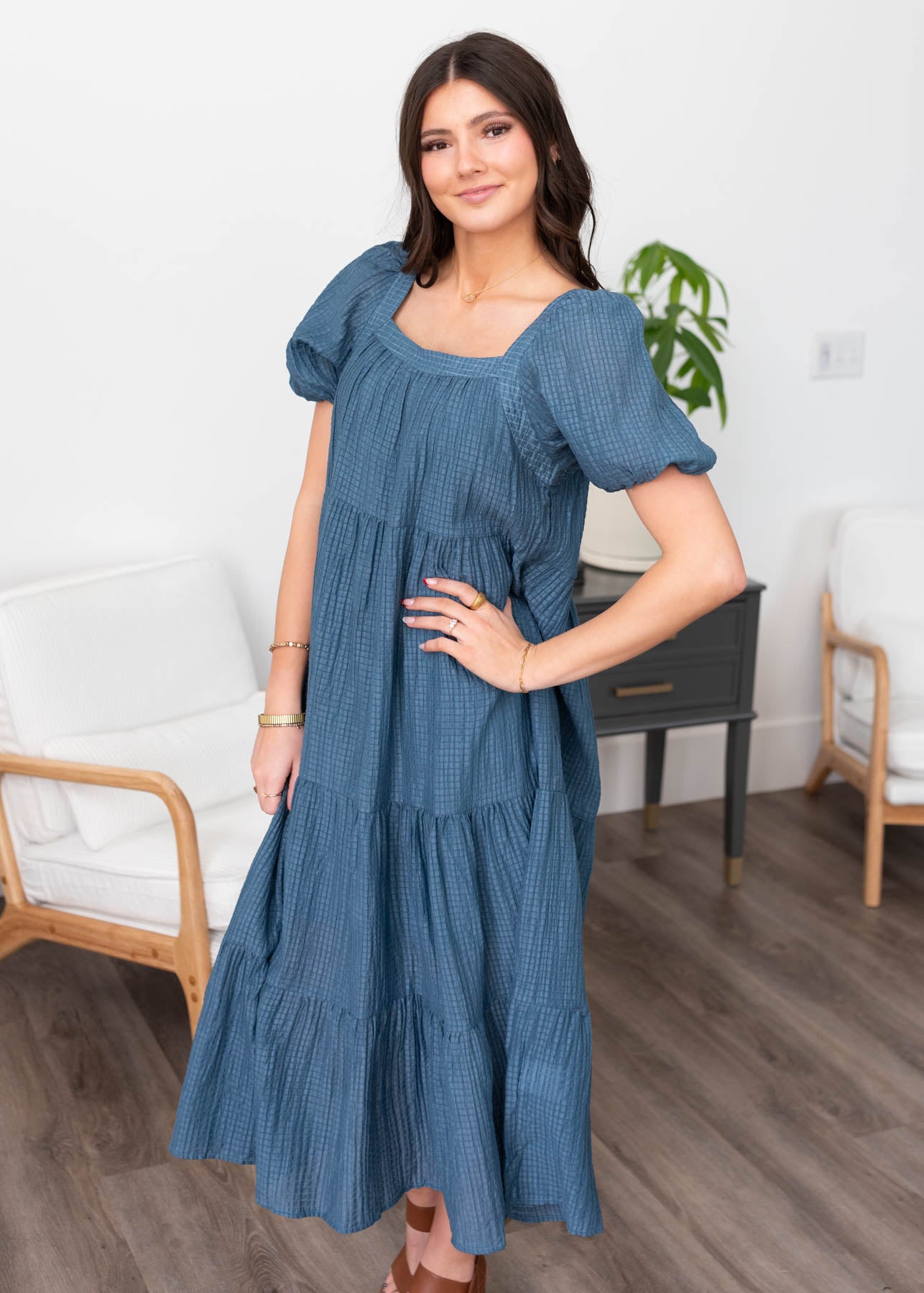 Short sleeve denim blue textured dress