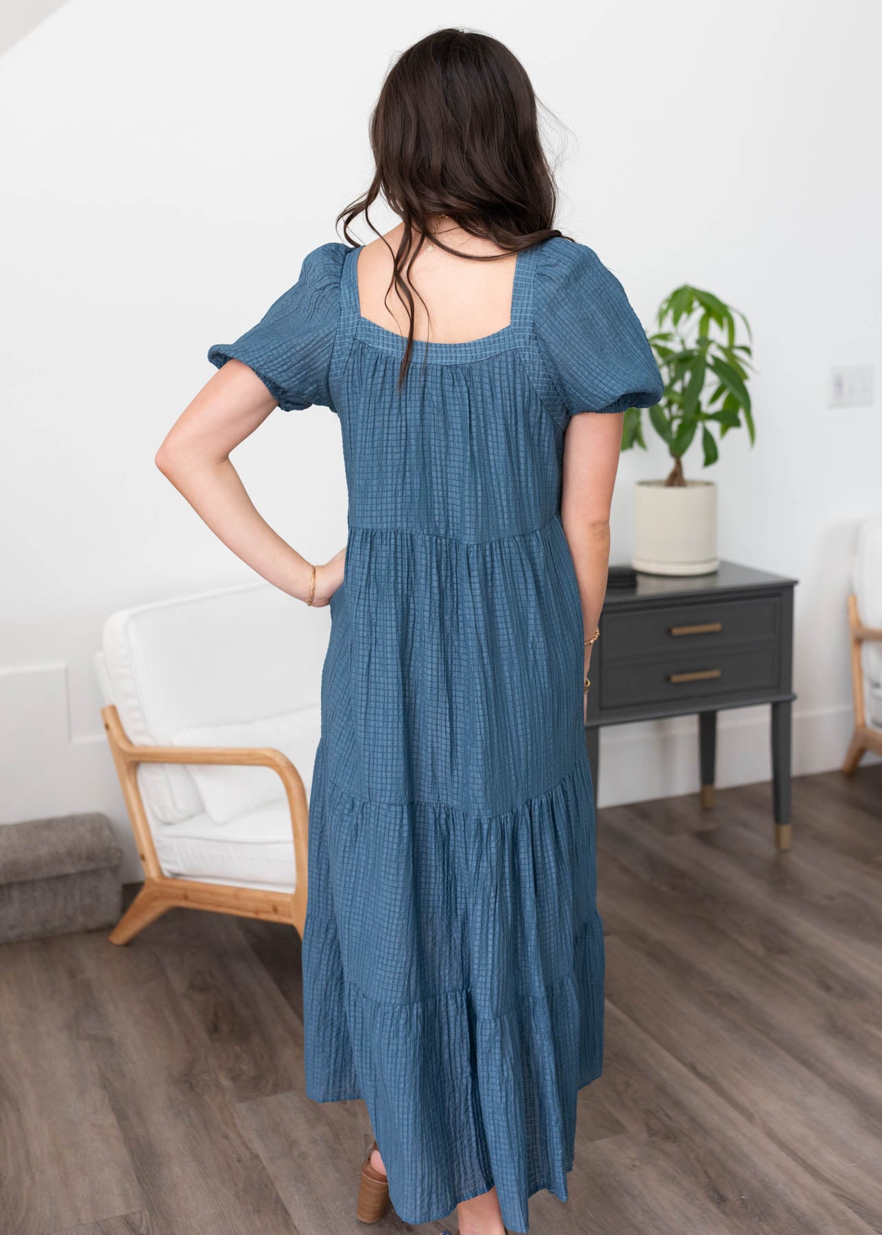 Back view of the denim blue textured dress