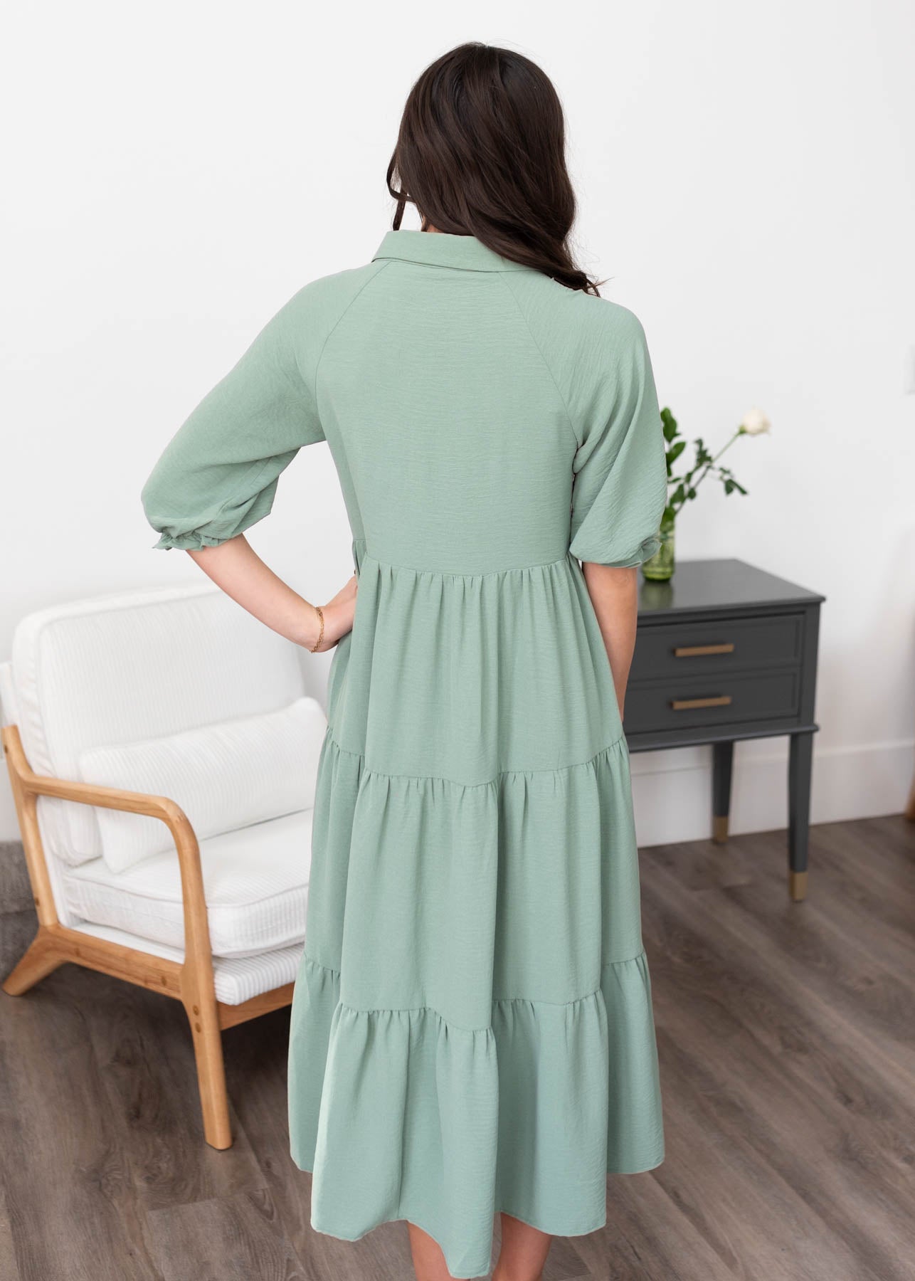 Back view of the green collared tiered dress