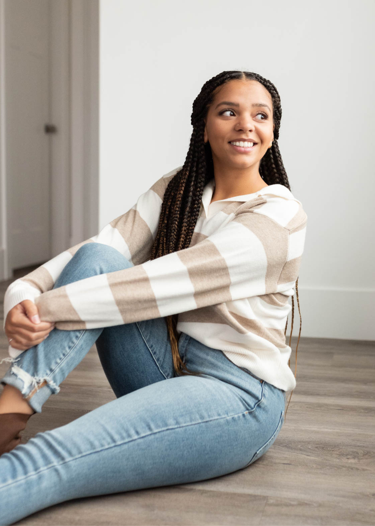 Flora Taupe Stripe Collared Sweater