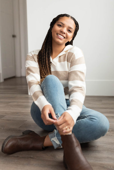 Flora Taupe Stripe Collared Sweater