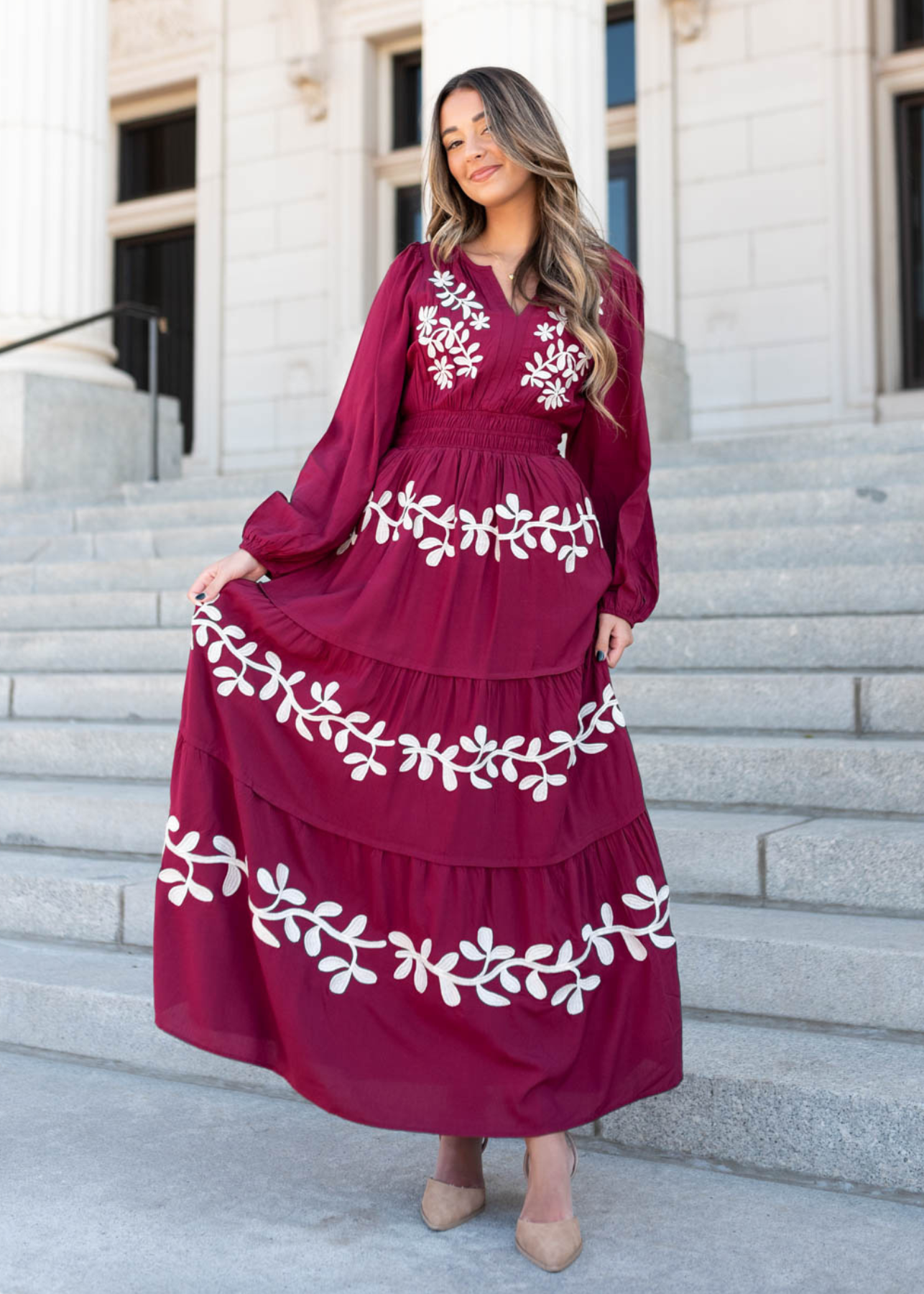 Long sleeve wine floral embroidered dress