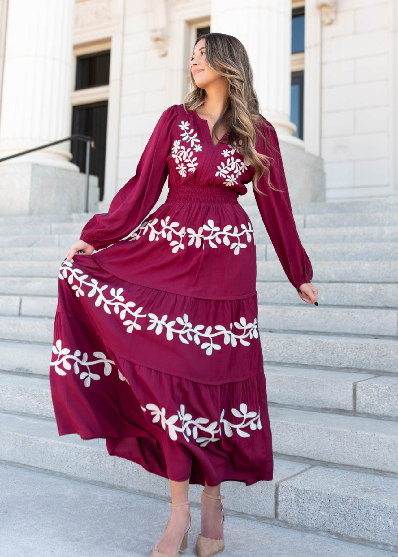 Wine floral embroidered dress