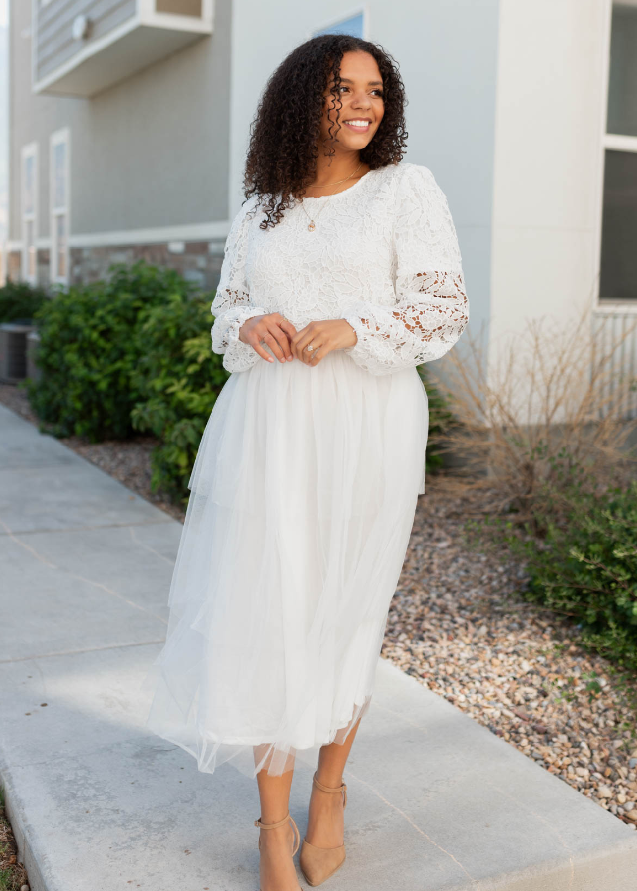 Long sleeve white lace tulle dress