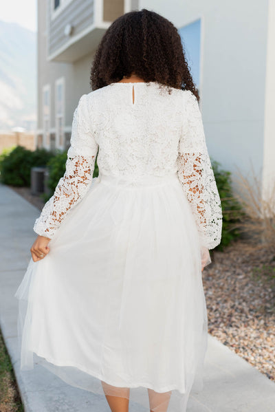 Back view of the white lace tulle dress