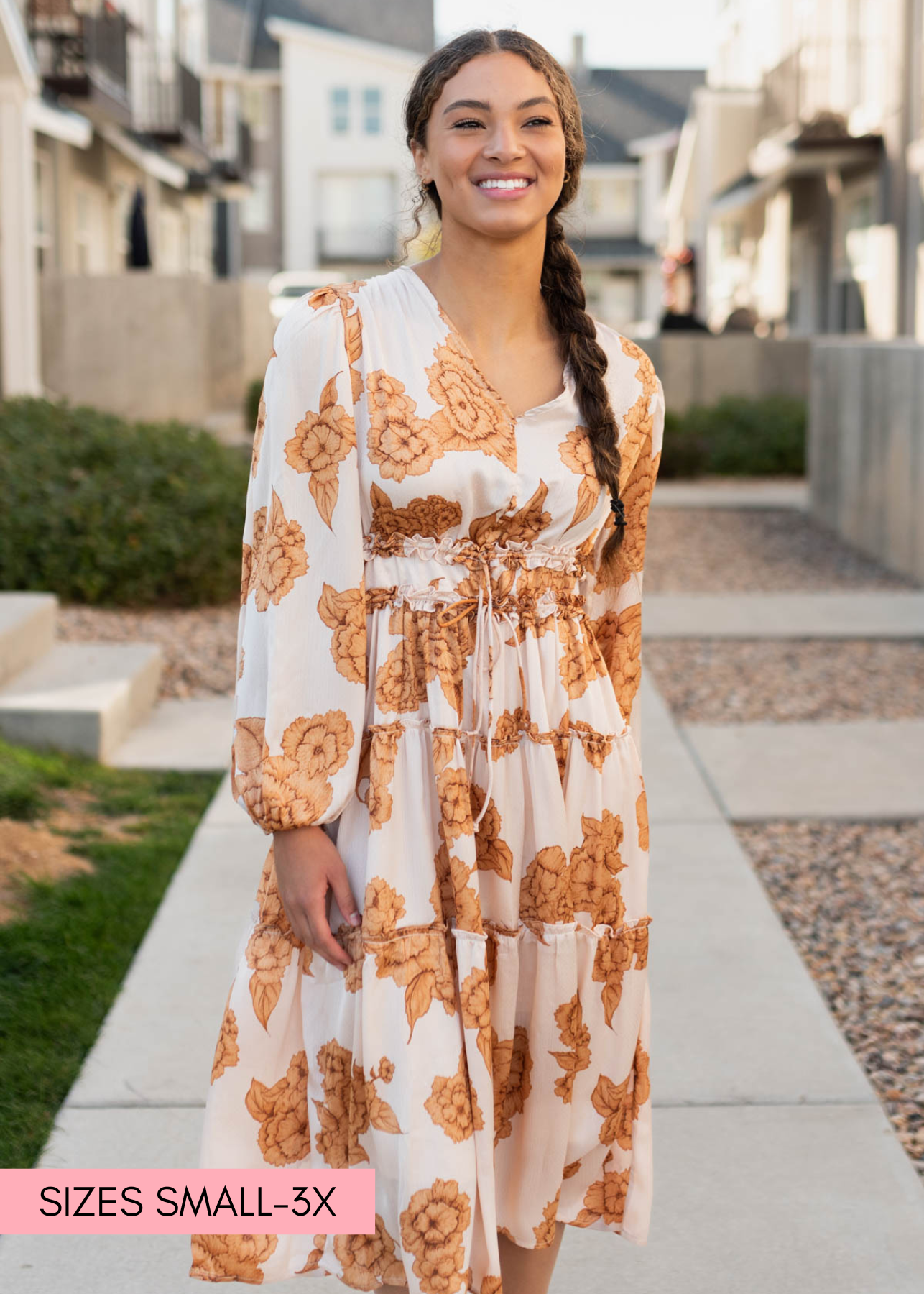 Tiered beige floral dress