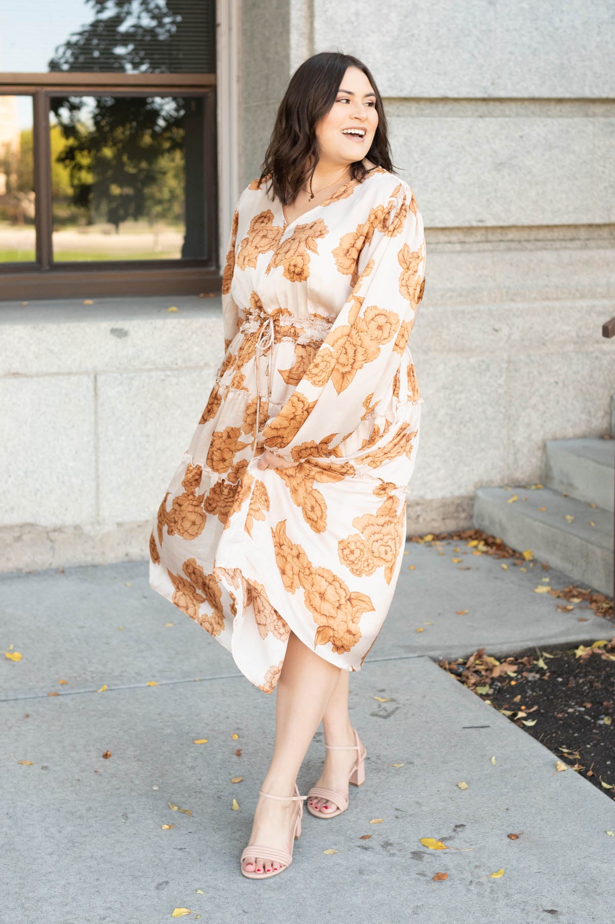 Long sleeve plus size beige floral dress