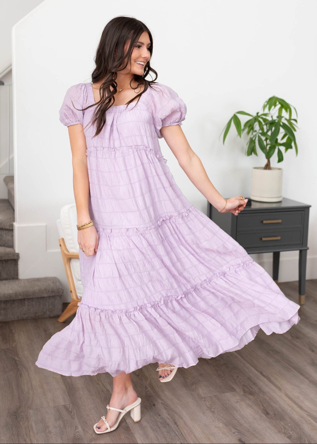 High waisted lavender tiered dress