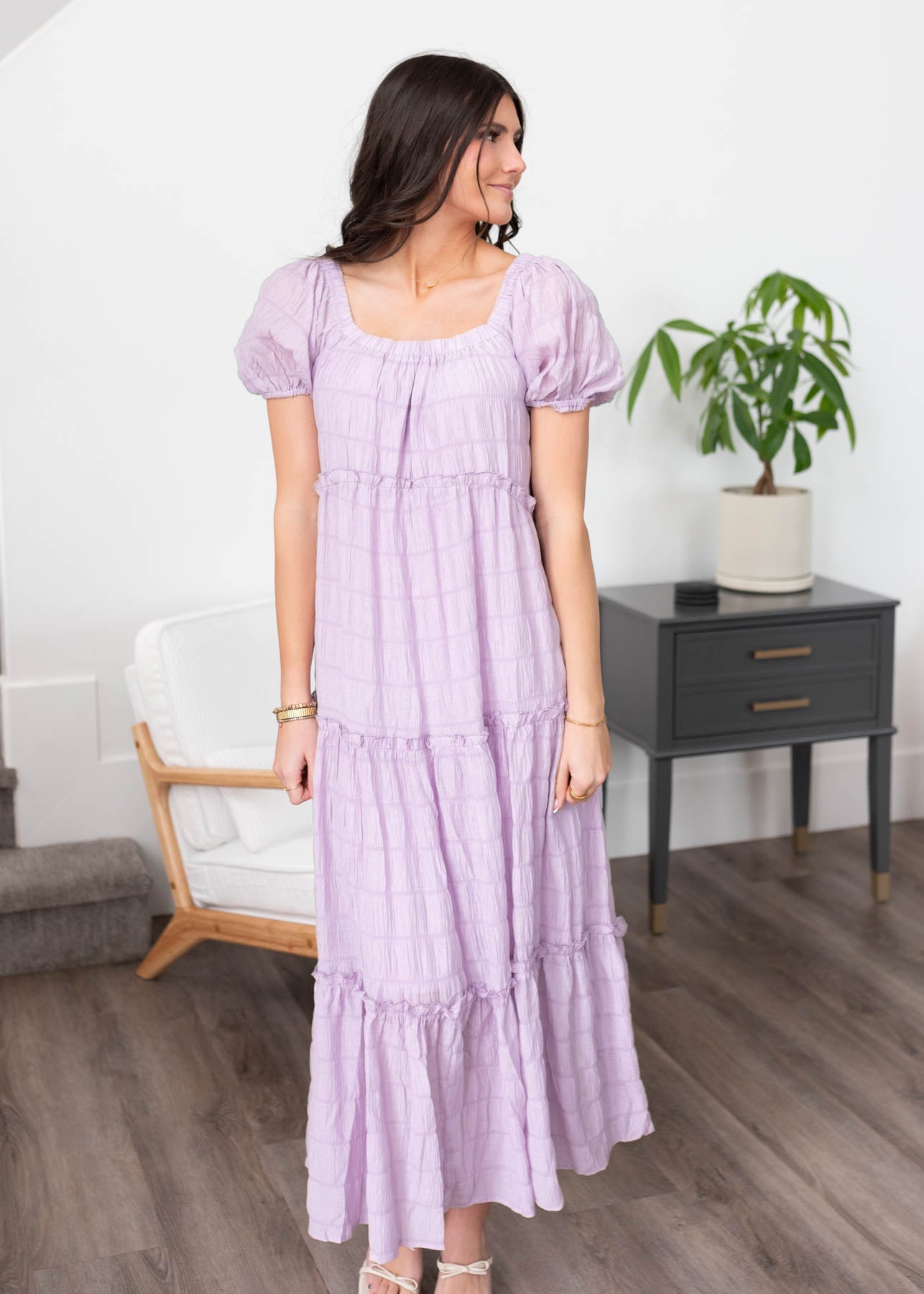 Lavender tiered dress with short sleeves