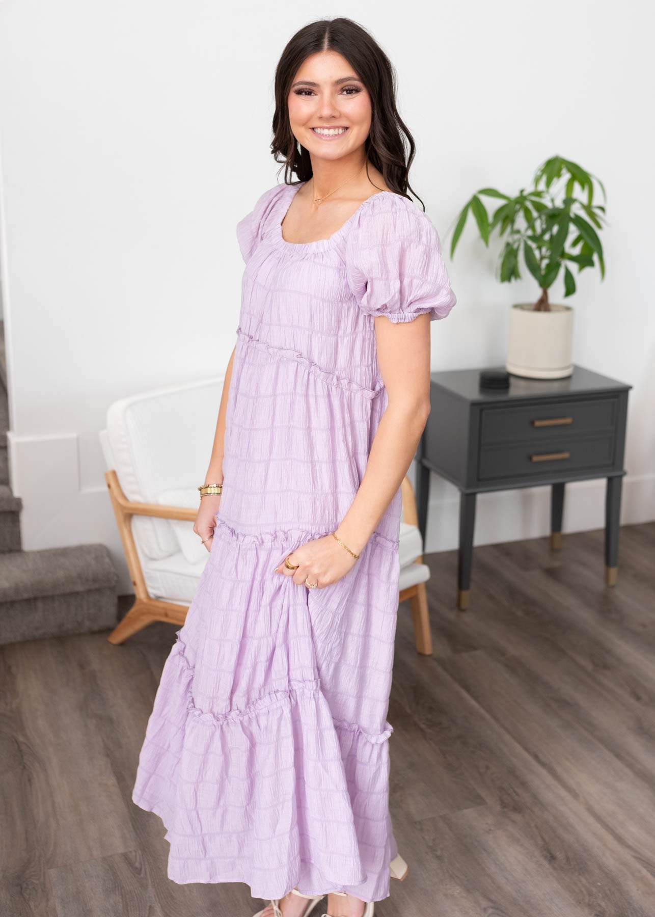 Short sleeve lavender tiered dress