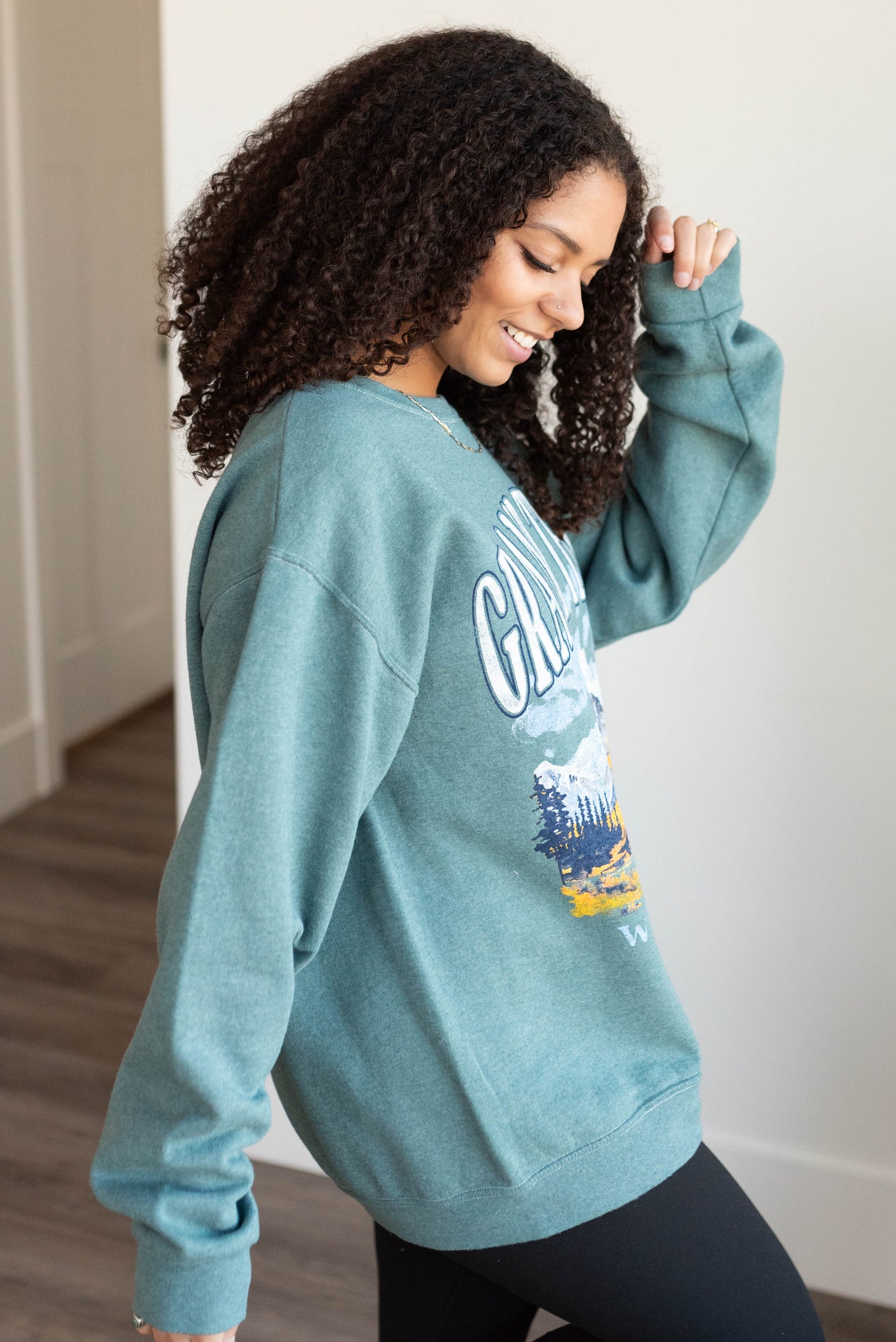 Side view of the Grand Teton graphic sweatshirt