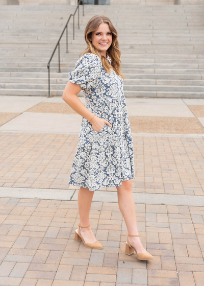 Navy multi floral dress with short sleeves