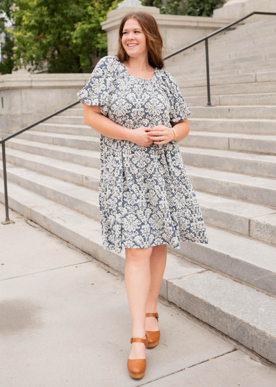 Plus size short sleeve navy multi floral dress