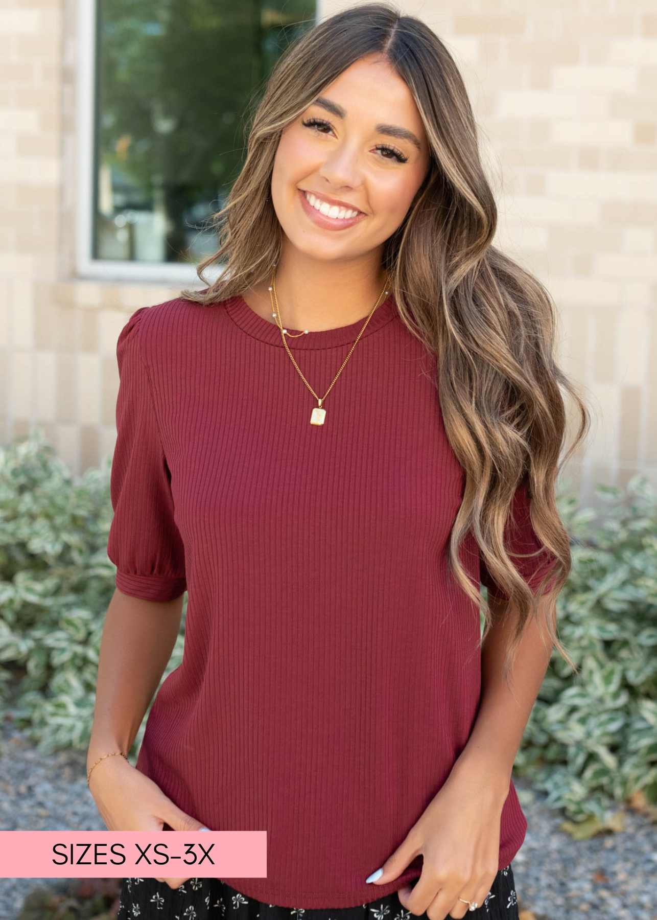 Close up of the basic burgundy top