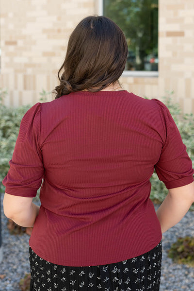 Back view of the plus size basic burgundy top