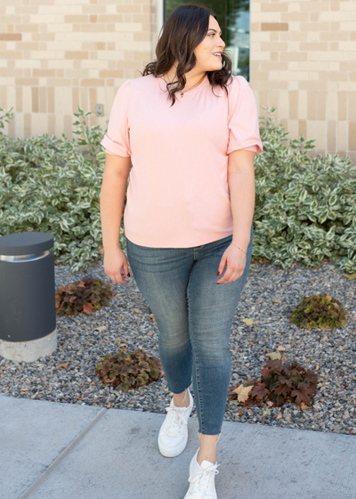 Short sleeve plus size basic pink top