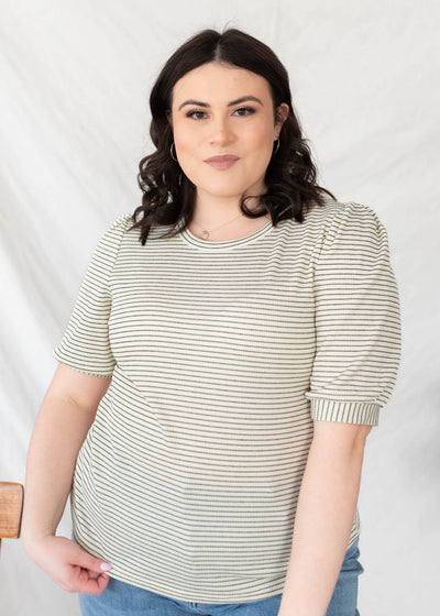 Plus size ivory striped top with full sleeve and cuff