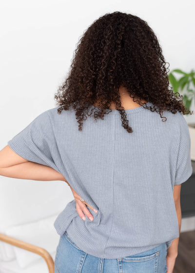 Back view of the blue grey ribbed top