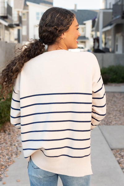 Back view of the navy stripe sweater