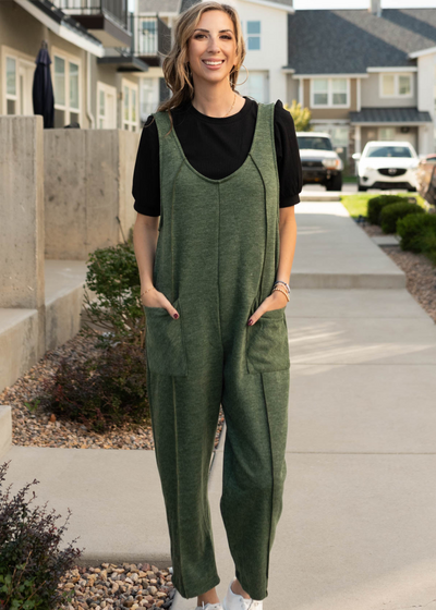 V-neck olive overalls with pockets