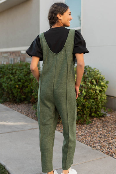 Back view of the olive overalls