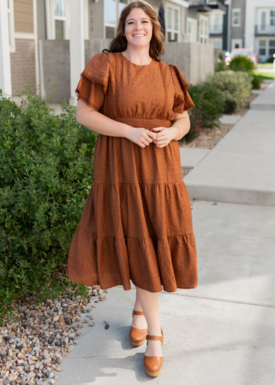 Plus size chestnut ruffle tiered dress  with elastic waist 