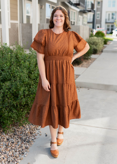 Short sleeve chestnut ruffle tiered dress