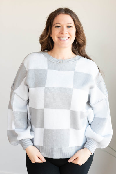 Plus size gray checkered sweater