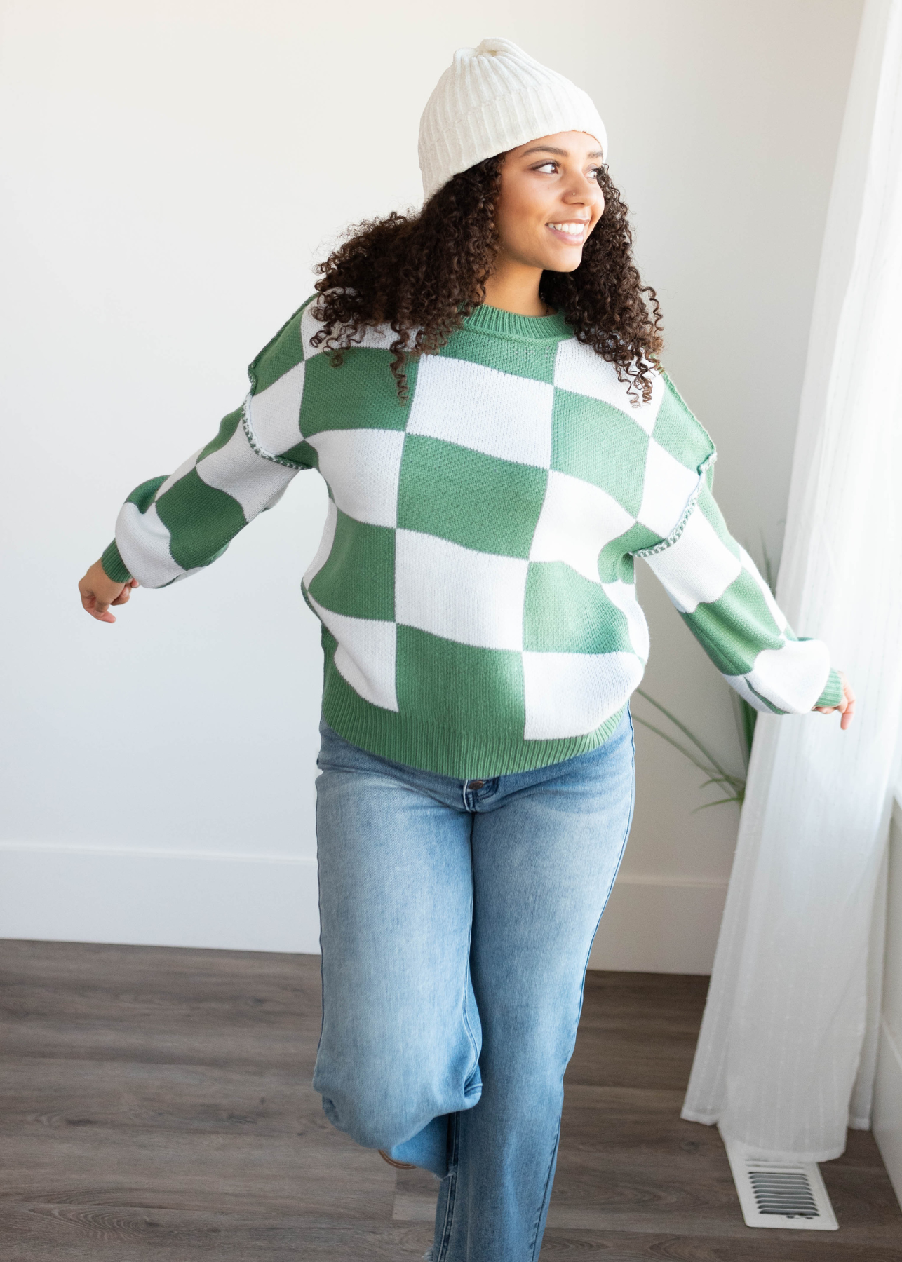 Long sleeve green checkered sweater