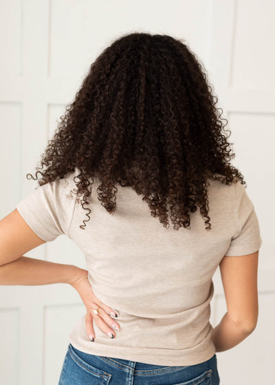 Back view of the oatmeal ribbed knit top