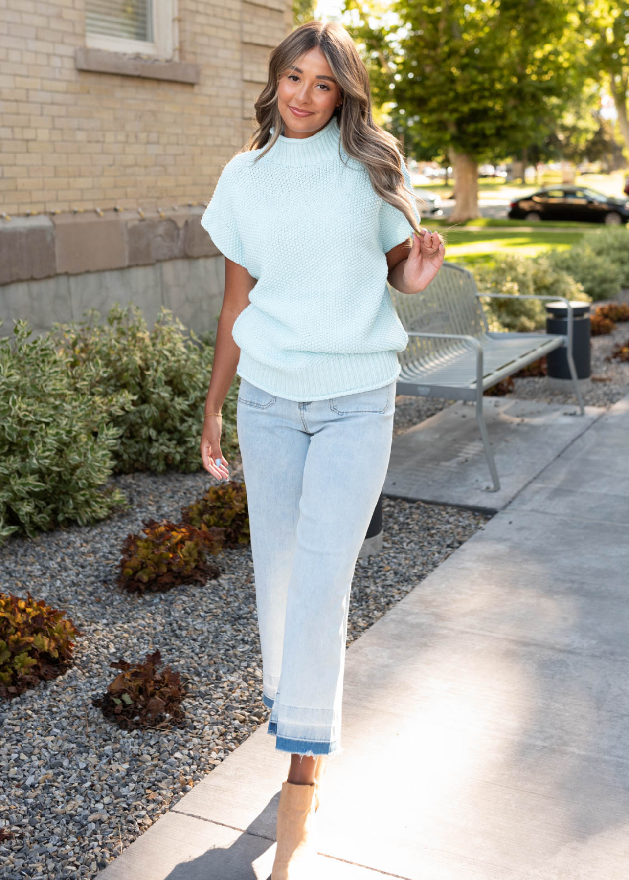 Drop sleeve ice blue crochet top with mock turtleneck