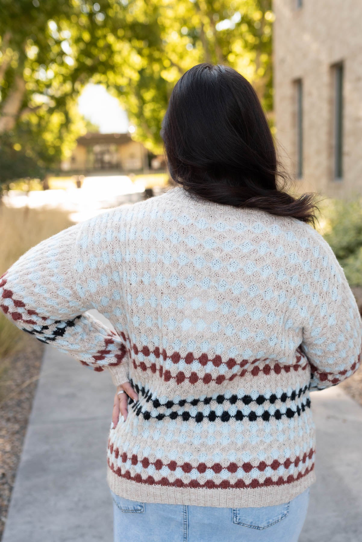 Plus size taupe pattern cardigan back view