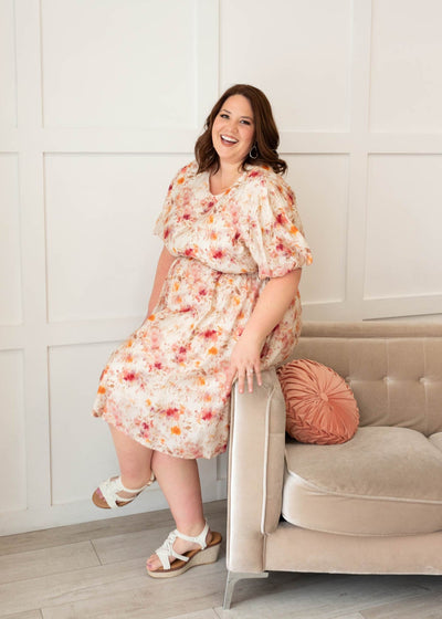 Plus size multi floral printed dress with short sleeves