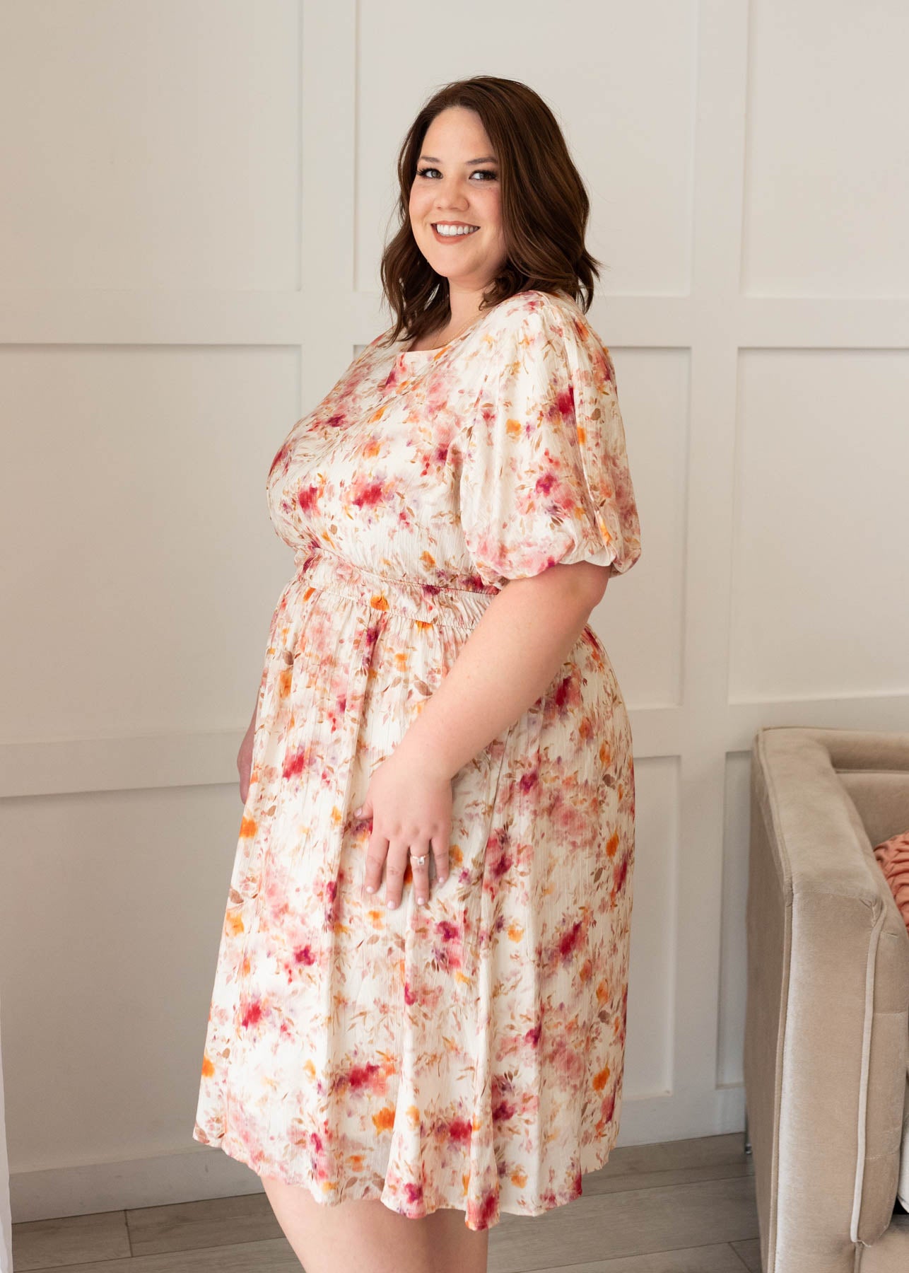 Side view of the multi floral printed dress in plus size