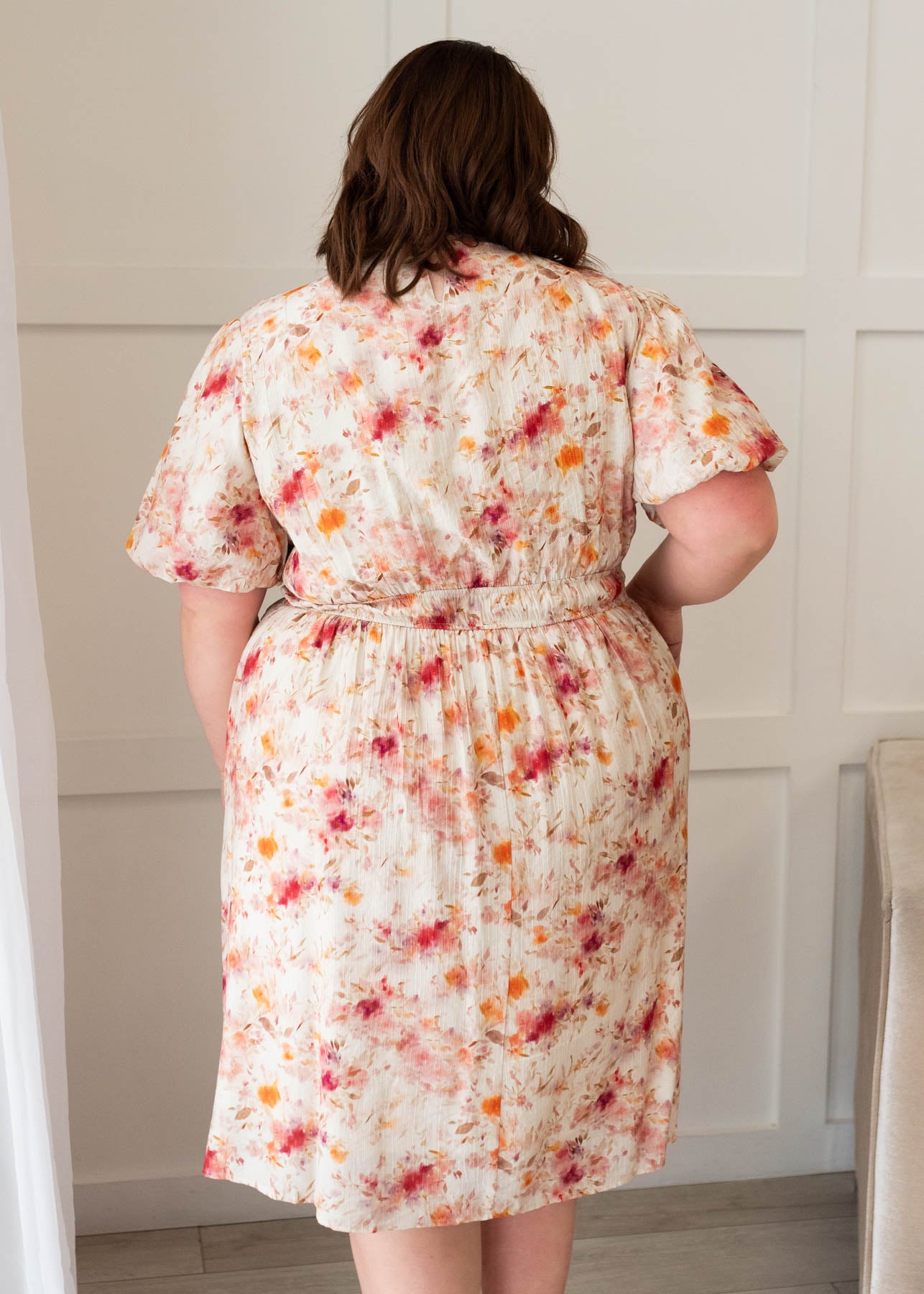 Back view of the plus size multi floral printed dress in plus size