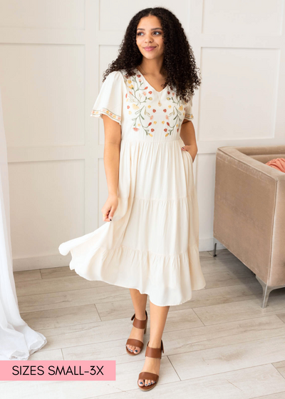 Ivory embroidered tiered dress