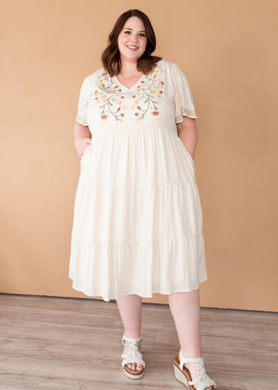 Ivory embroidered tiered dress with pockets in plus size