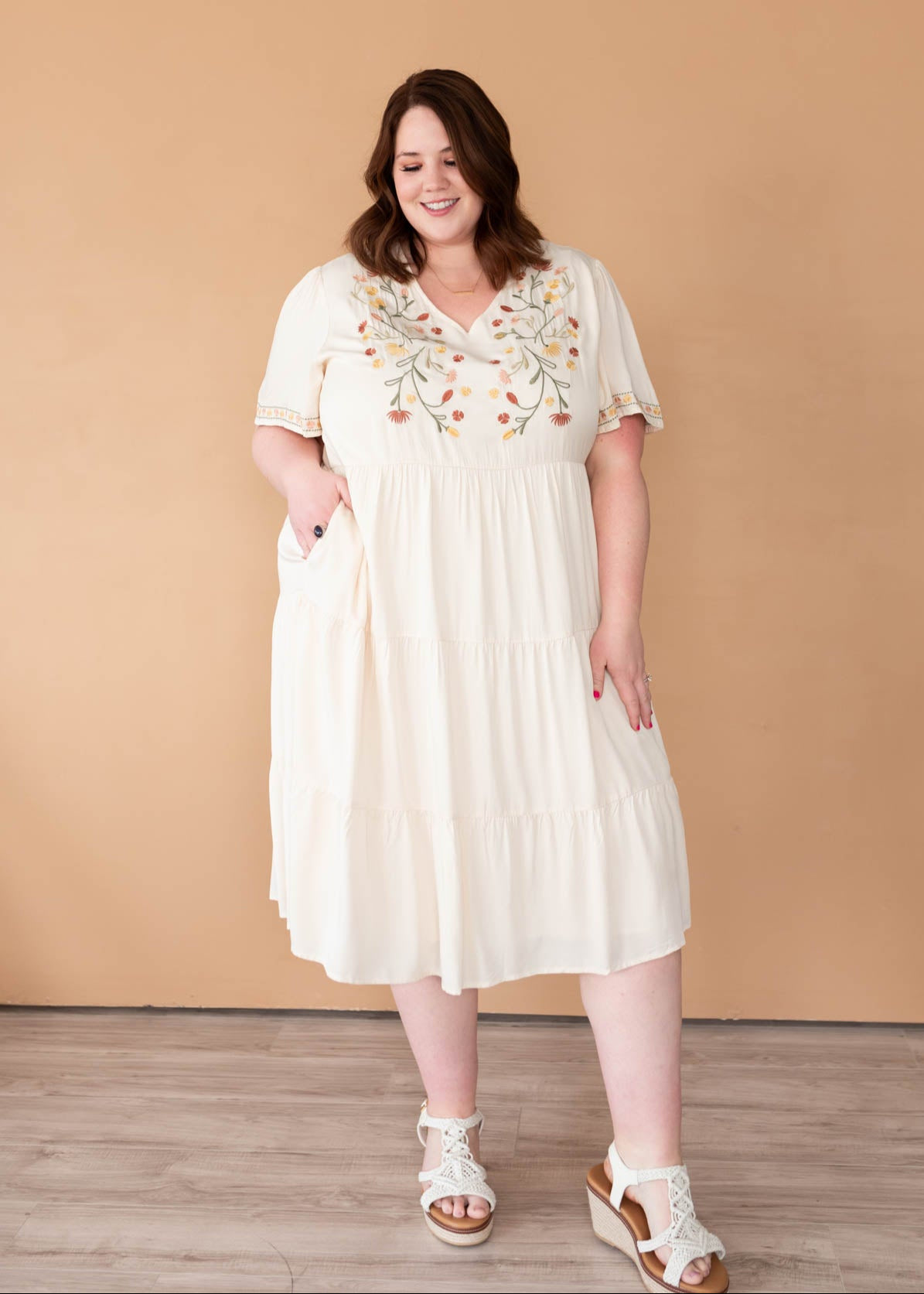 Ivory embroidered tiered dress in plus size